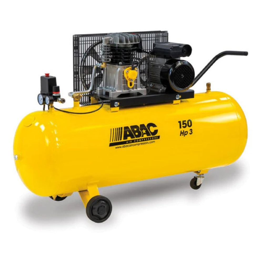 Yellow ABAC air compressor on wheels with logo on the side on a white background