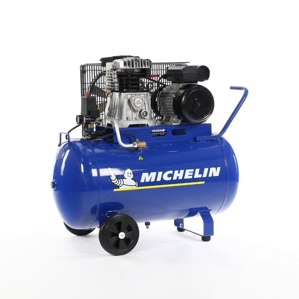 Blue Michelin air compressor on wheels with logo on the side on a white background
