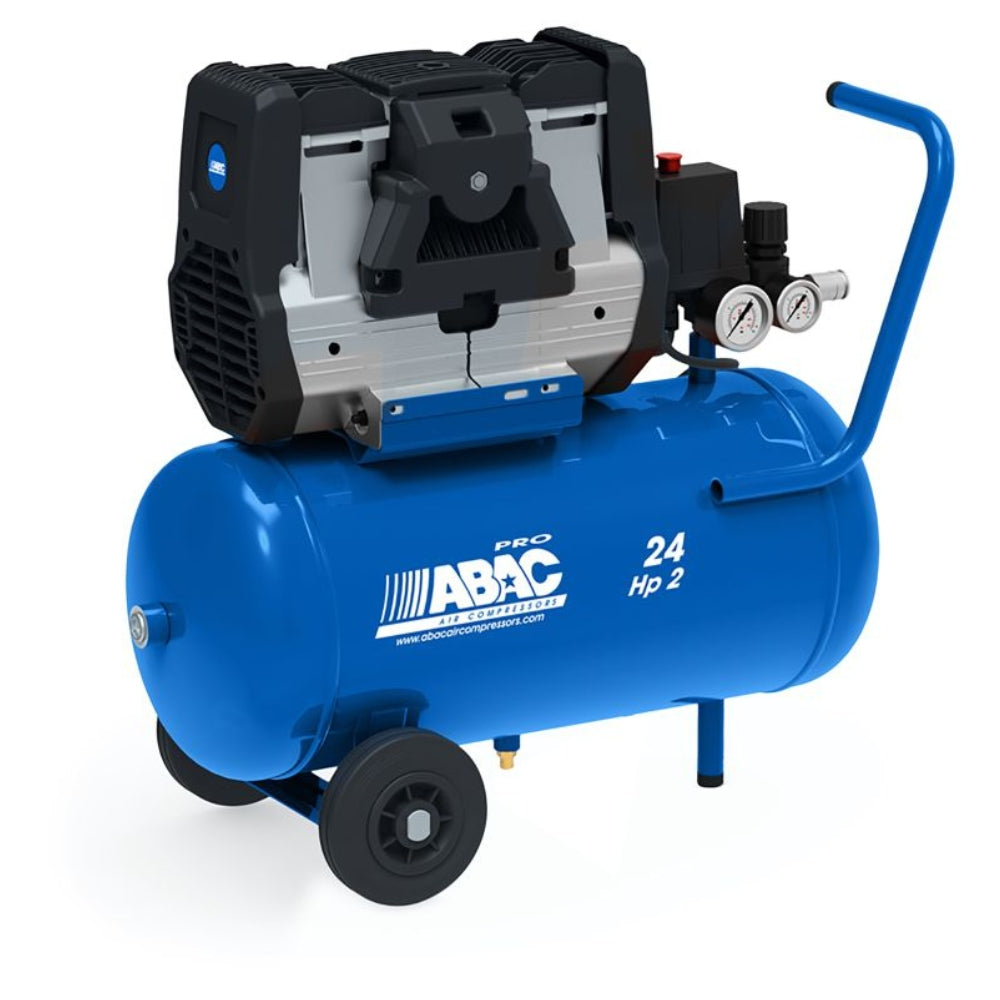 Blue ABAC air compressor on wheels with logo on the side on a white background