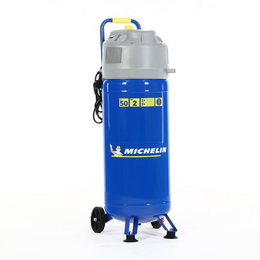 Blue vertival Michelin air compressor on wheels with logo on the side on a white background