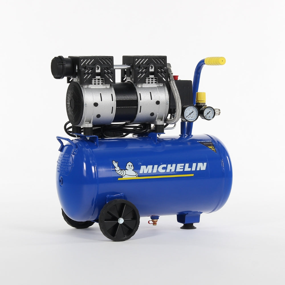 Blue Michelin air compressor on wheels with logo on the side on a white background