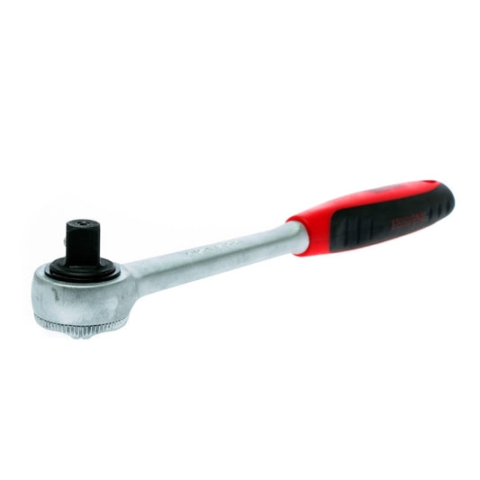 Silver Teng Tools Ratchet with red and black handle, bare tool on a white background