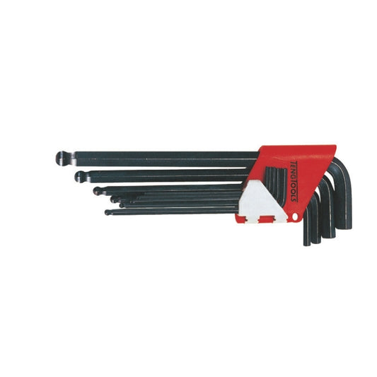 Teng Tools Ball Point Hex Key Set 9 Pieces, black hex keys in a red holder, on a white background