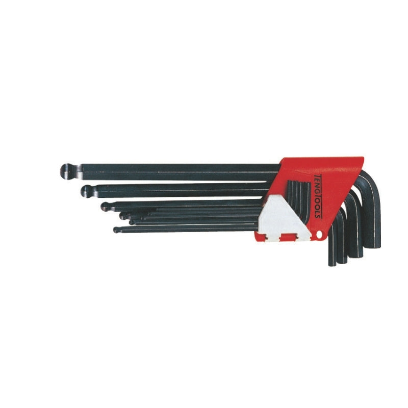 Teng Tools Ball Point Hex Key Set 9 Pieces, black hex keys in a red holder, on a white background