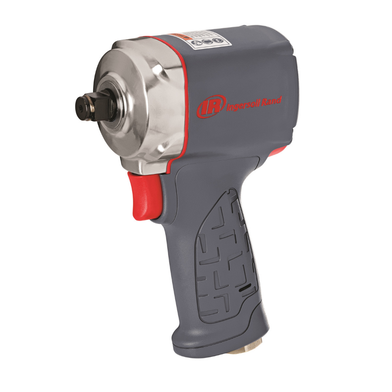 Grey and Silver Ingersoll Rand Max Series Stubby Pistol Impact Tool with red detailing and logo on the side, bare tool on a white background