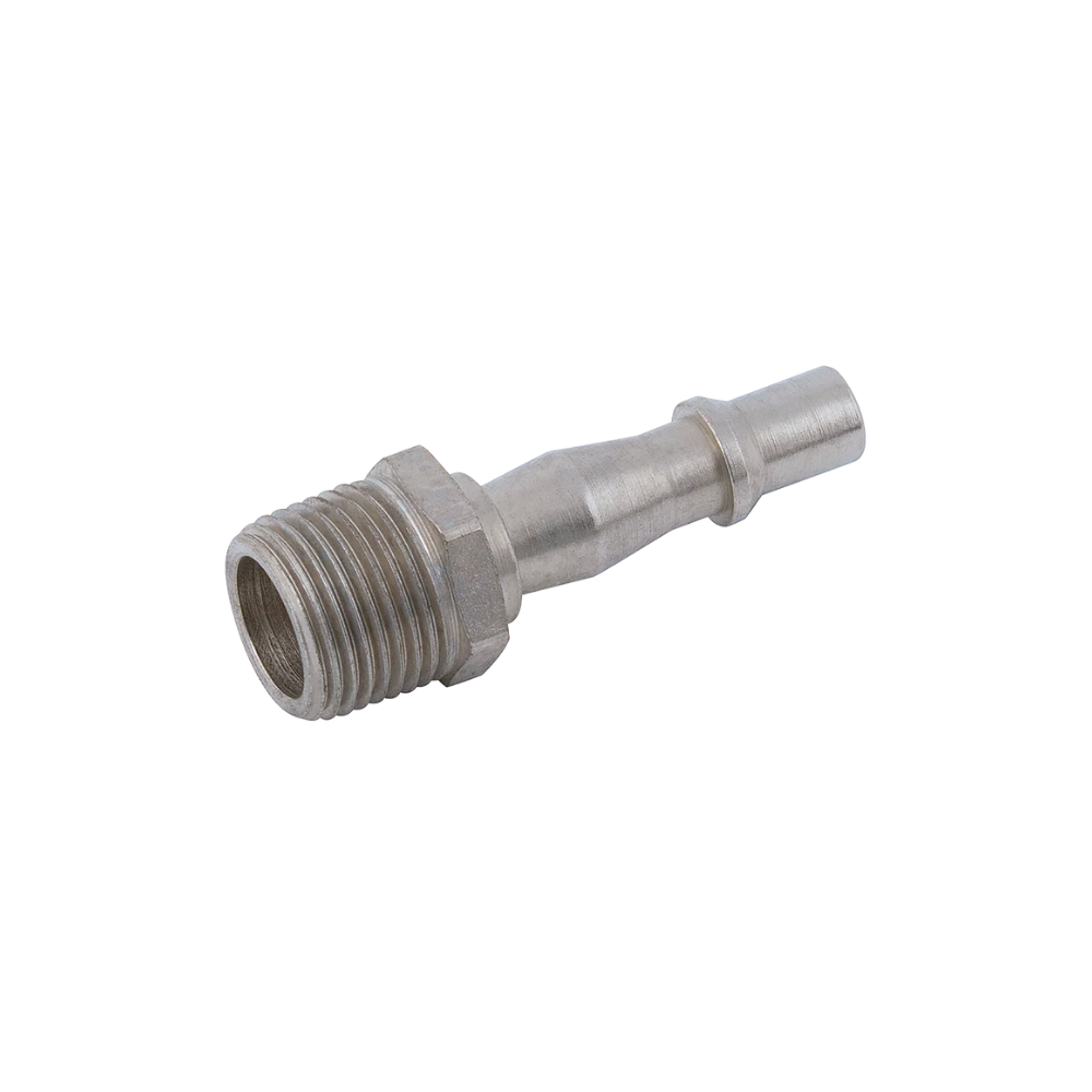 Silver Nickel Taper Male Plug Fitting on a white background