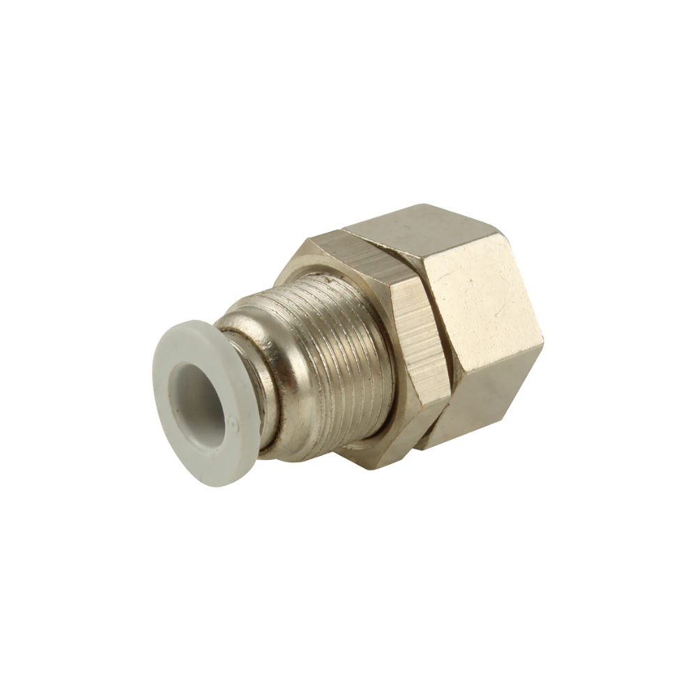 Brass/Nickel Female Bulkhead Fitting with plastic sleeve on white background