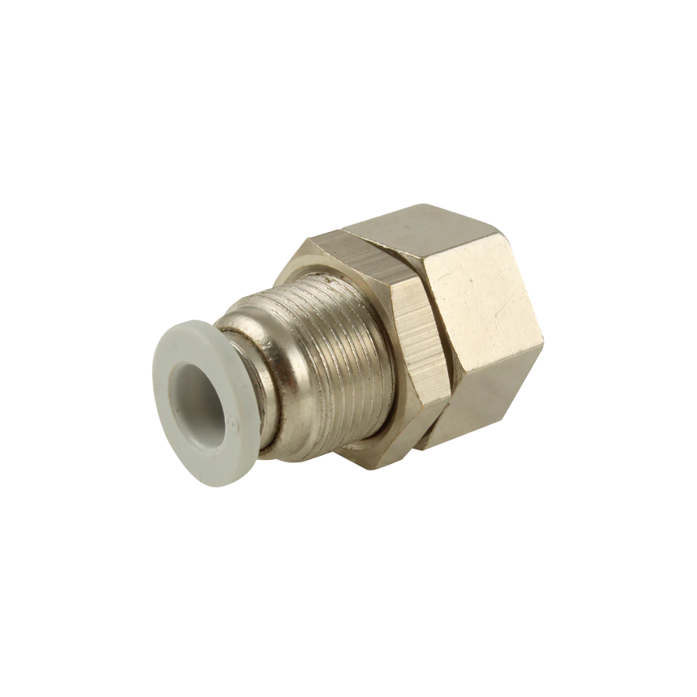 Brass/Nickel Female Bulkhead Fitting with plastic sleeve on white background