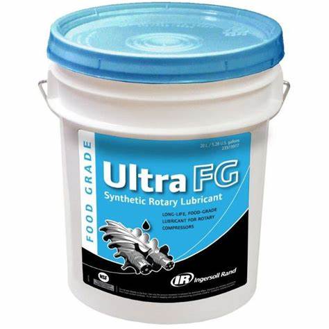 Blue and white tub of Ingersoll Rand Ultra Food Grade 20L Oil Lubricant on a white background