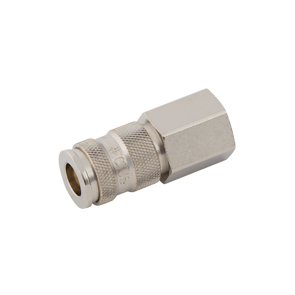 Silver Nickel Female Threaded Coupling on a white background