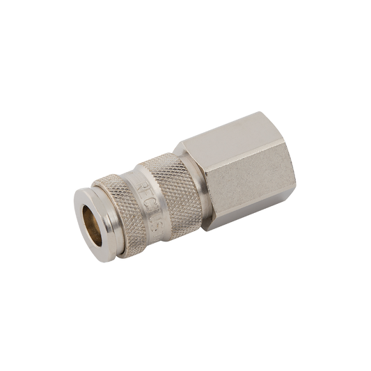 Silver Nickel Female Threaded Coupling on a white background