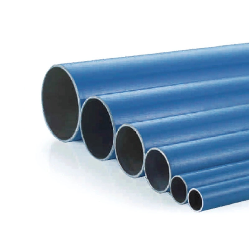 Blue Aluminium Airpipe Plumbing Pipe on a white background, a few pipes are in a pile