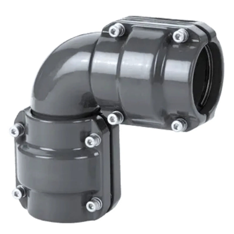 Grey Airpipe 90° Angle Equal Elbow Pipe Connector Fitting and Support, on a white background