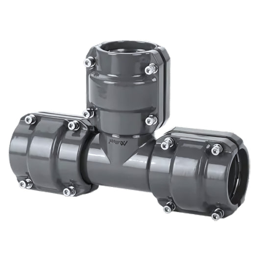 Grey Airpipe 90° Angle Lateral Tee Pipe Connector Fitting and Support, on a white background