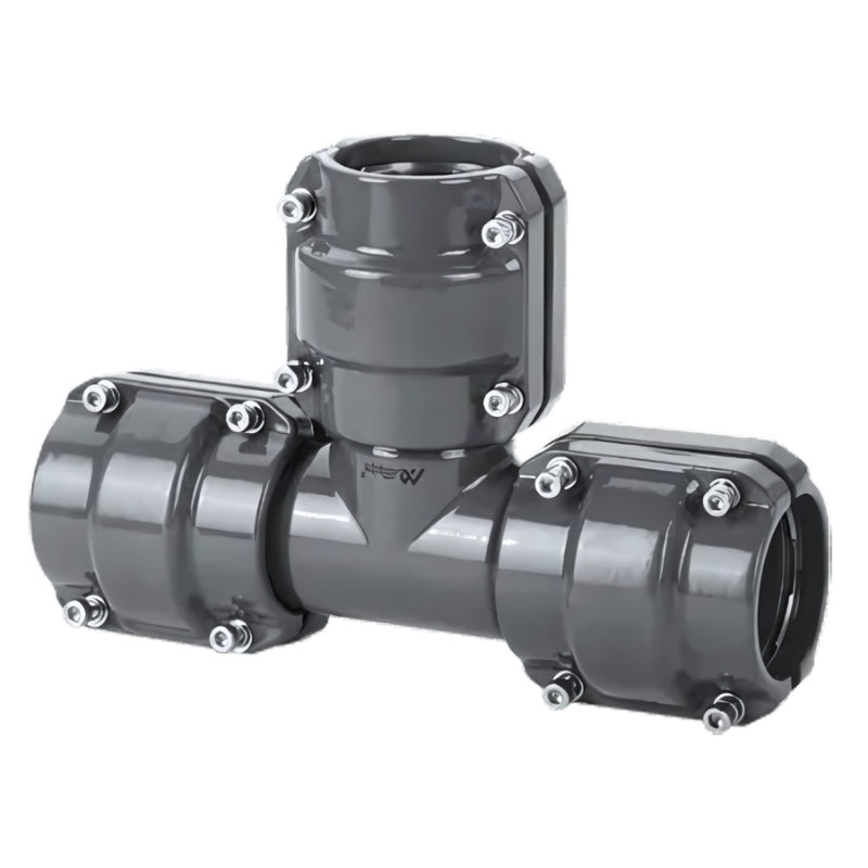 Grey Airpipe 90° Angle Lateral Tee Pipe Connector Fitting and Support, on a white background