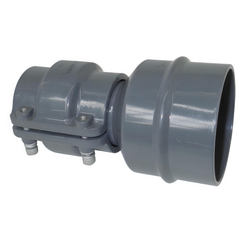 Grey Airpipe Aluminium Reducing Plumbing Pipe to Pipe Connector fitting and support on a white background