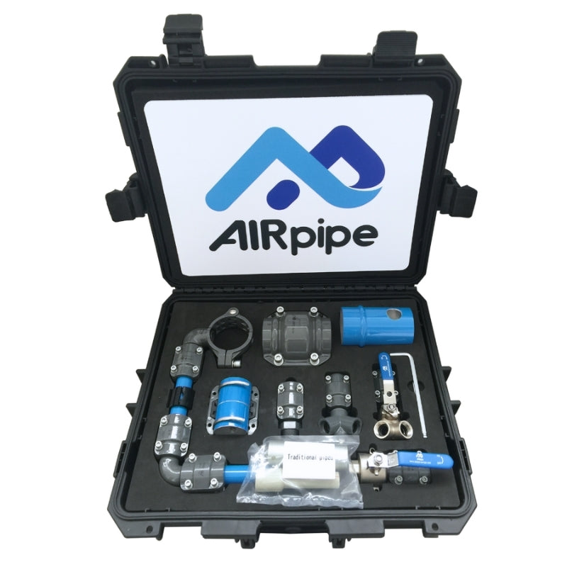 Blue, Black, Grey case with airpipe pipe fittings and pipes of different colours