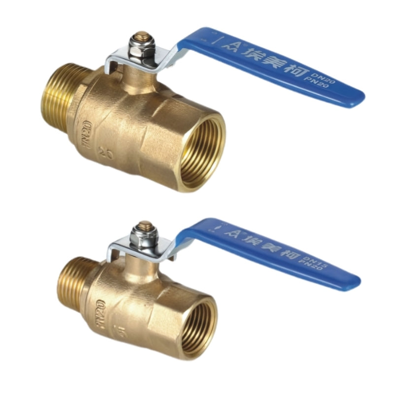 Gold Airpipe Brass Valve with Female to Male Thread with Blue Handle, plumbing fitting and support, on a white background