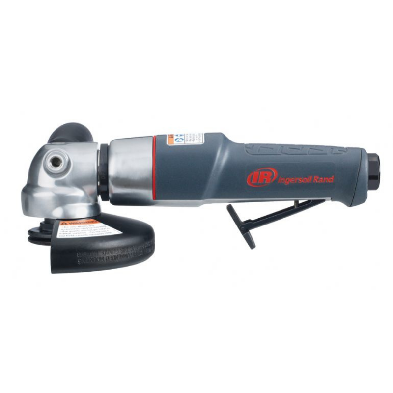 Grey and Silver Ingersoll Rand Angle Grinder with red logo on the side, on a white background
