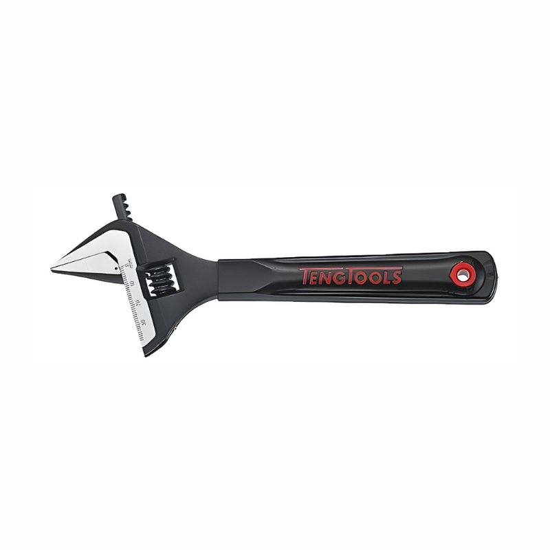 Black Teng Tools Adjustable Wrench, red logo on the side, bare tool on a white background