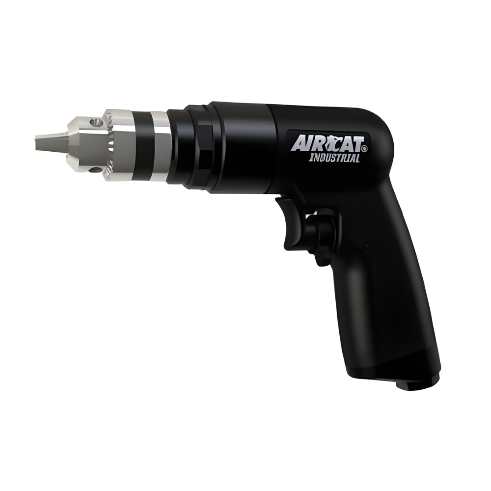 Side on perspective of black reversible drill with a silver striped chuck on a white background