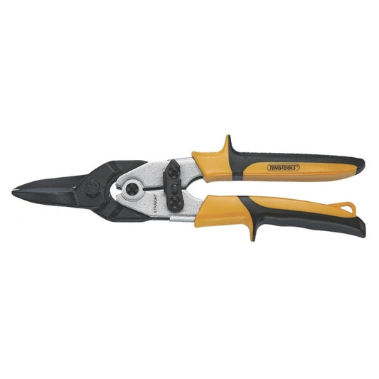 Teng Tools Tin Snips with yellow and black handle, blades are straight central, on a white background