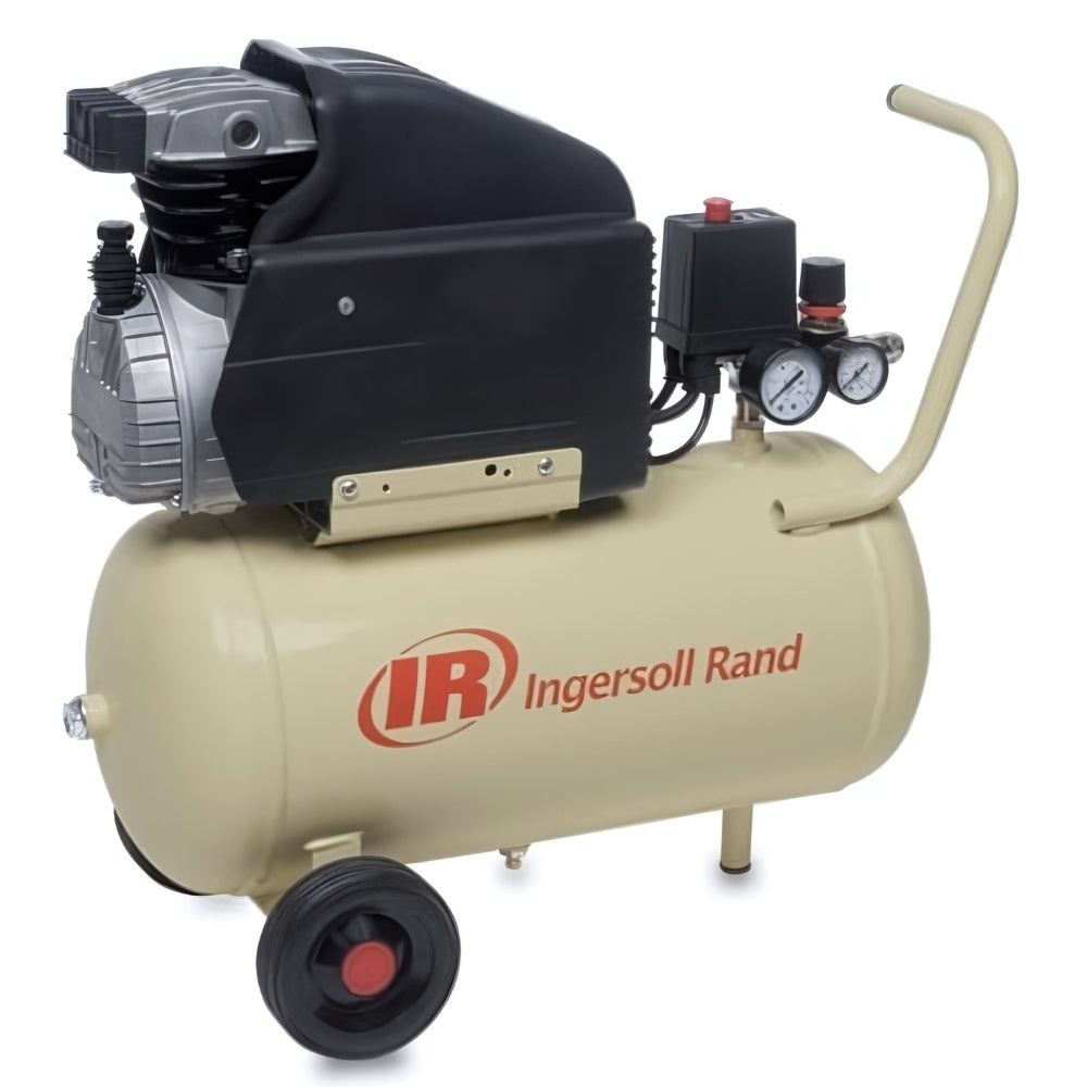 Beige Ingersoll Rand air compressor on wheels with red logo on the side on a white background