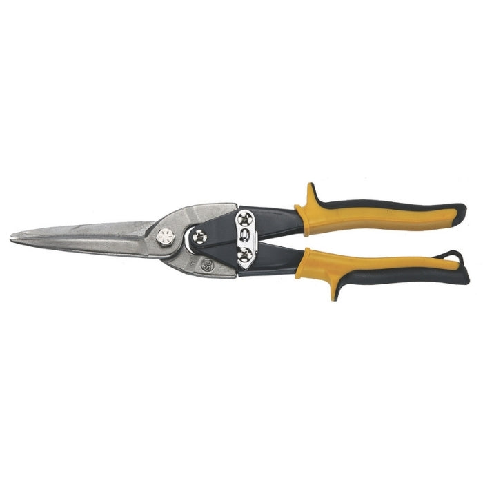 Teng Tools Tin Snips with long blade and yellow and grey handle, on a white background