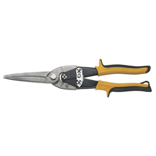 Teng Tools Tin Snips with long blade and yellow and grey handle, on a white background