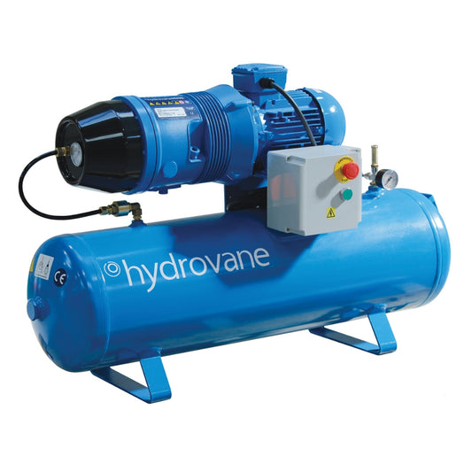 Blue Hydrovane air compressor with logo on the side on a white background
