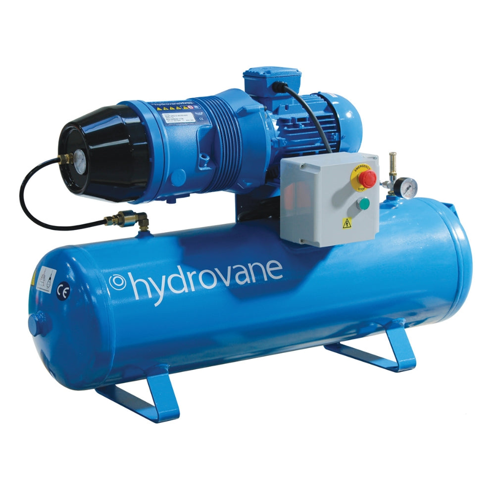 Blue Hydrovane air compressor with logo on the side on a white background