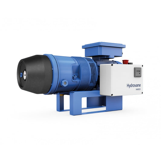 Blue Hydrovane air compressor with logo on the side on a white background