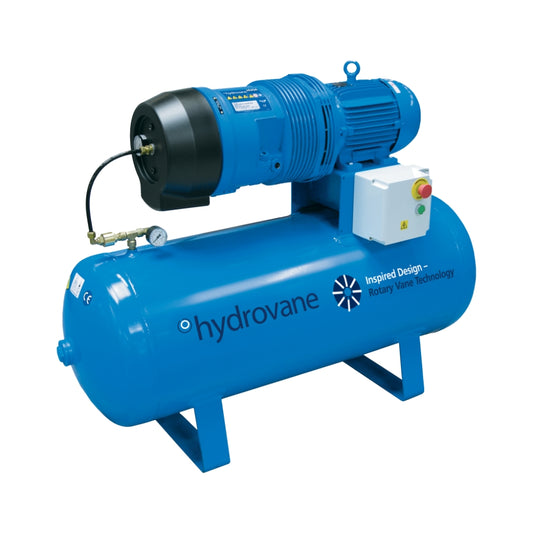 Blue Hydrovane air compressor with logo on the side on a white background