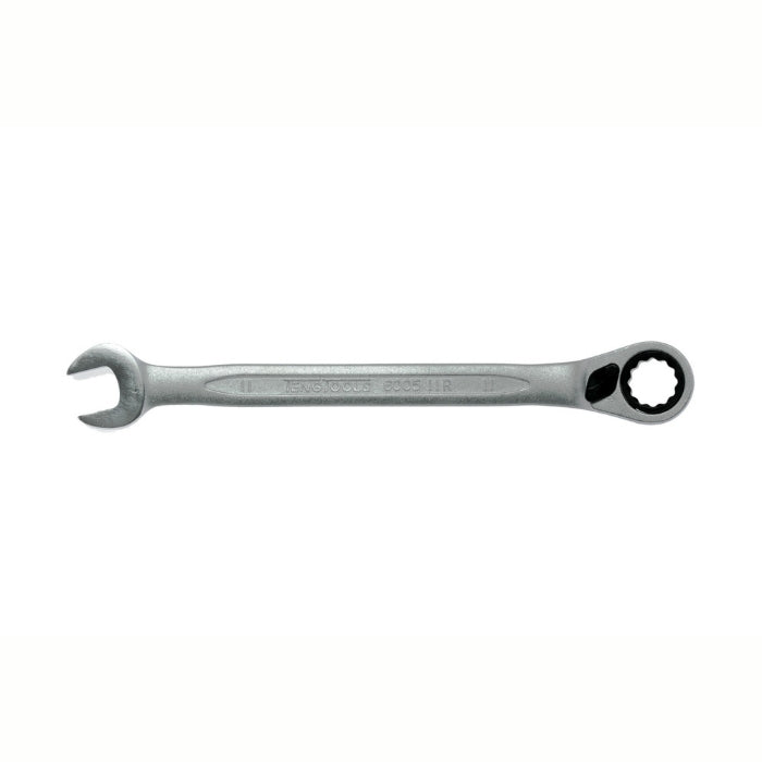 Silver Teng Tools Combination Spanner with engraving of the tool details on the side, bare tool on a white background