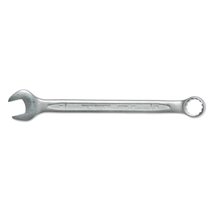 Silver Teng Tools Combination Spanner with engraving of the tool details on the side, bare tool on a white background