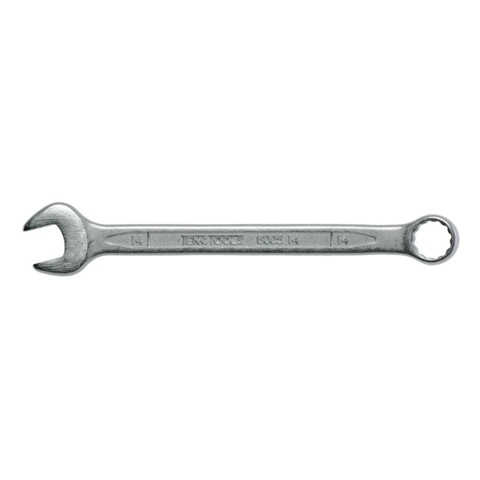 Silver Teng Tools Combination Spanner with engraving of the tool details on the side, bare tool on a white background