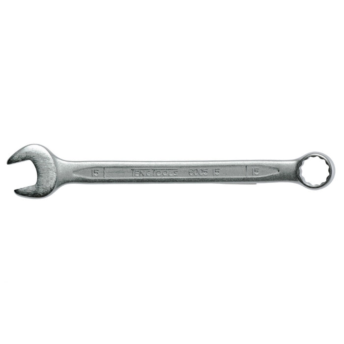 Silver Teng Tools Combination Spanner with engraving of the tool details on the side, bare tool on a white background