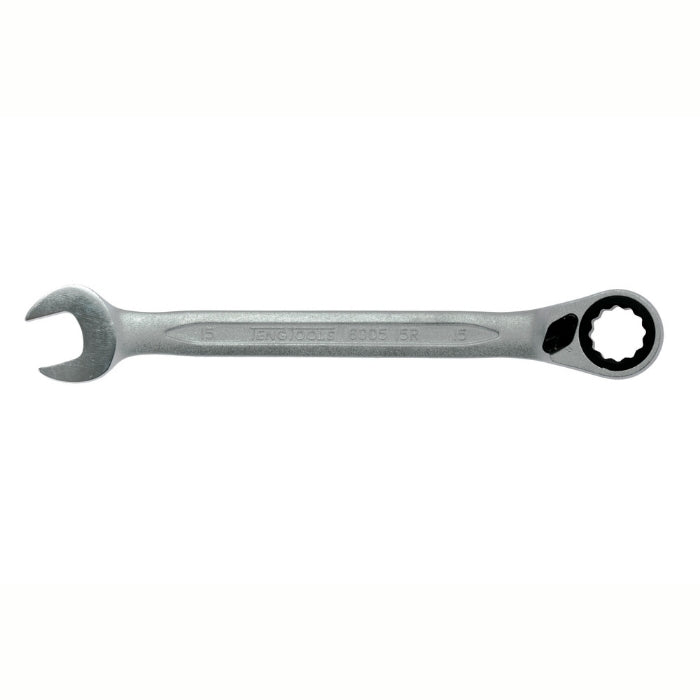 Silver Teng Tools Combination Spanner with engraving of the tool details on the side, bare tool on a white background