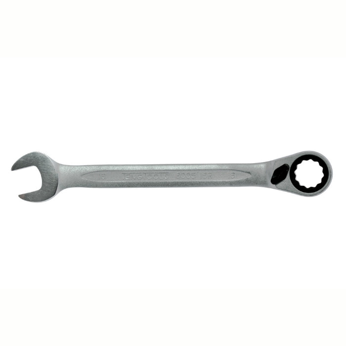 Silver Teng Tools Combination Spanner with engraving of the tool details on the side, bare tool on a white background