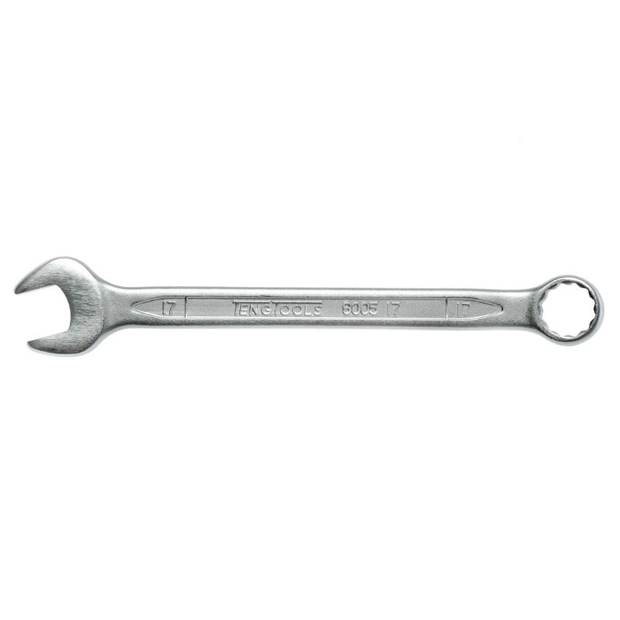 Silver Teng Tools Combination Spanner with engraving of the tool details on the side, bare tool on a white background