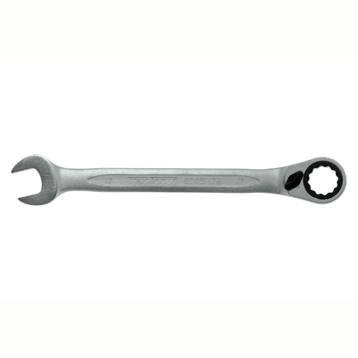 Silver Teng Tools Combination Spanner with engraving of the tool details on the side, bare tool on a white background