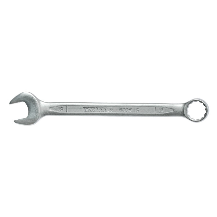 Silver Teng Tools Combination Spanner with engraving of the tool details on the side, bare tool on a white background