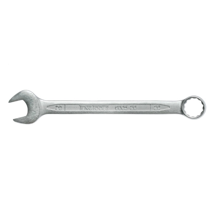 Silver Teng Tools Combination Spanner with engraving of the tool details on the side, bare tool on a white background
