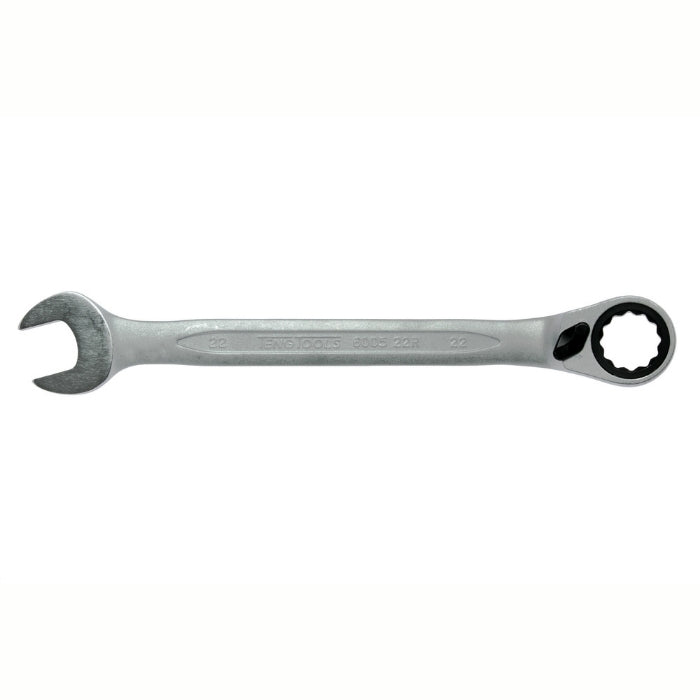 Silver Teng Tools Combination Spanner with engraving of the tool details on the side, bare tool on a white background
