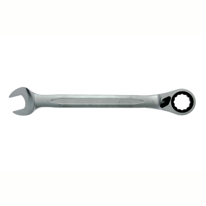 Silver Teng Tools Combination Spanner with engraving of the tool details on the side, bare tool on a white background