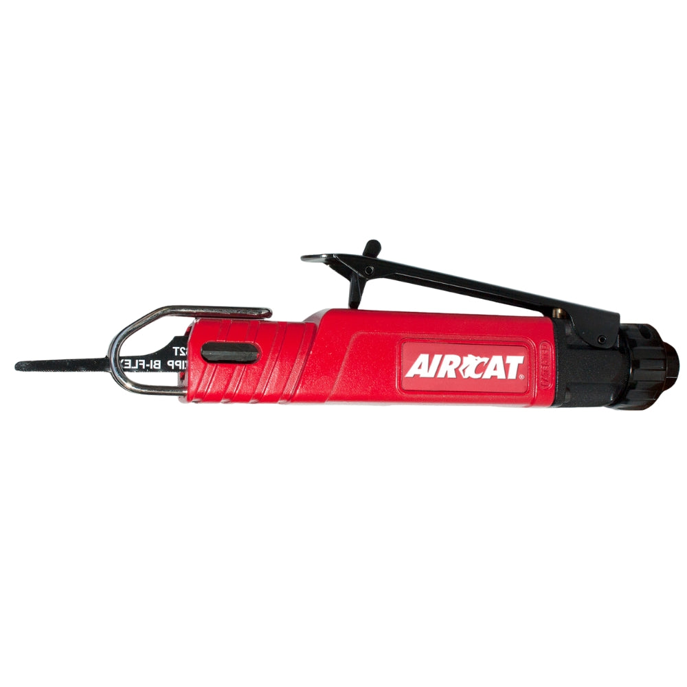 Red and Black Aircat Low Vibration Saw power tool with metal blade, logo on the side,  on a white background