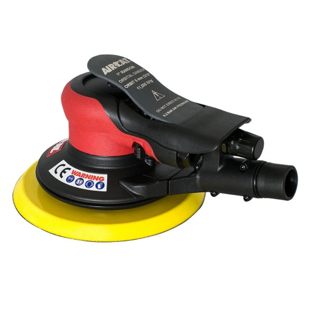 Red, Black and Yellow Aircat palm sander power tool, with logo on the side, on a white background