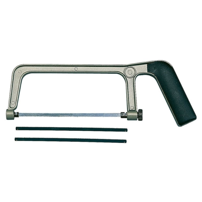 Teng Tools Mini Hacksaw with black handle, two replacement blades are shown next to the saw, on a white background