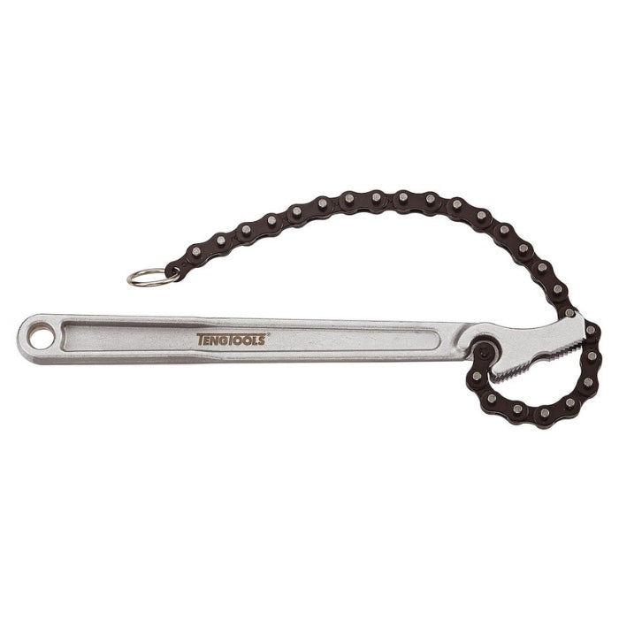 Teng Tools Chain Pipe Wrench with silver handle and black chain, bare tool on a white background