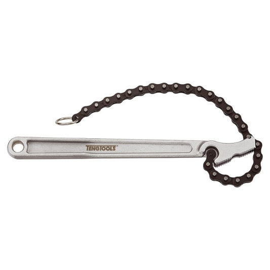 Teng Tools Chain Pipe Wrench with silver handle and black chain, bare tool on a white background